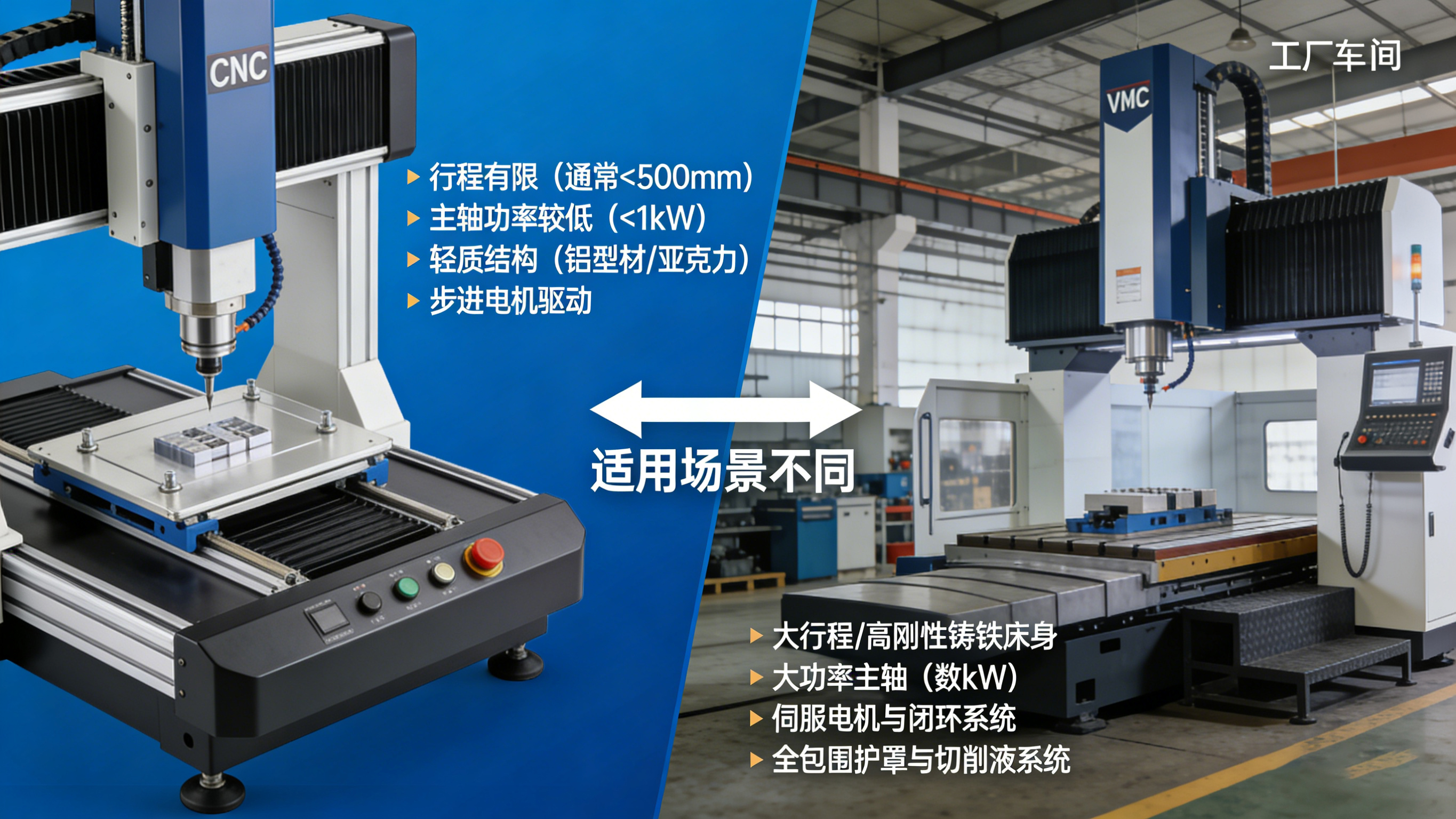 桌面CNC与工业级CNC机床核心参数与特点对比示意图