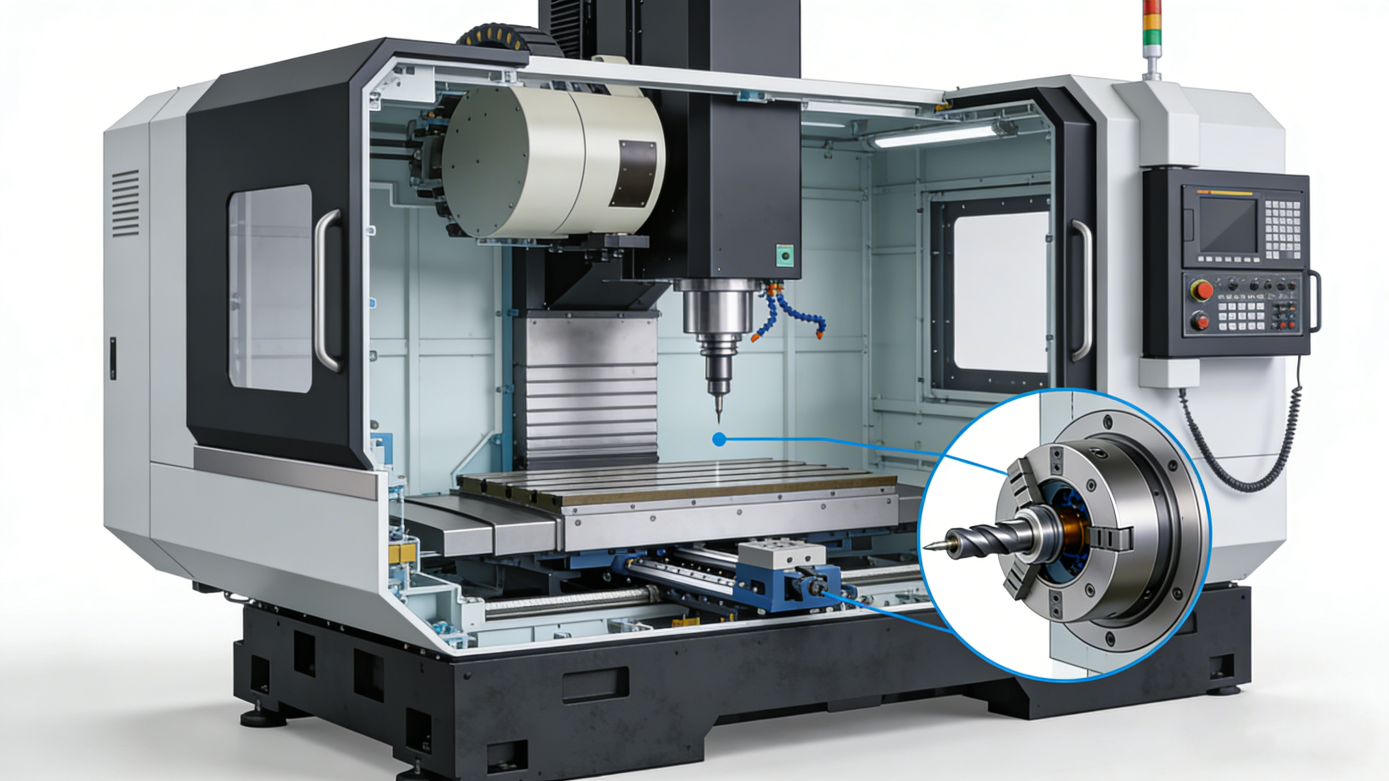 立式CNC加工中心內部核心結構剖視示意圖