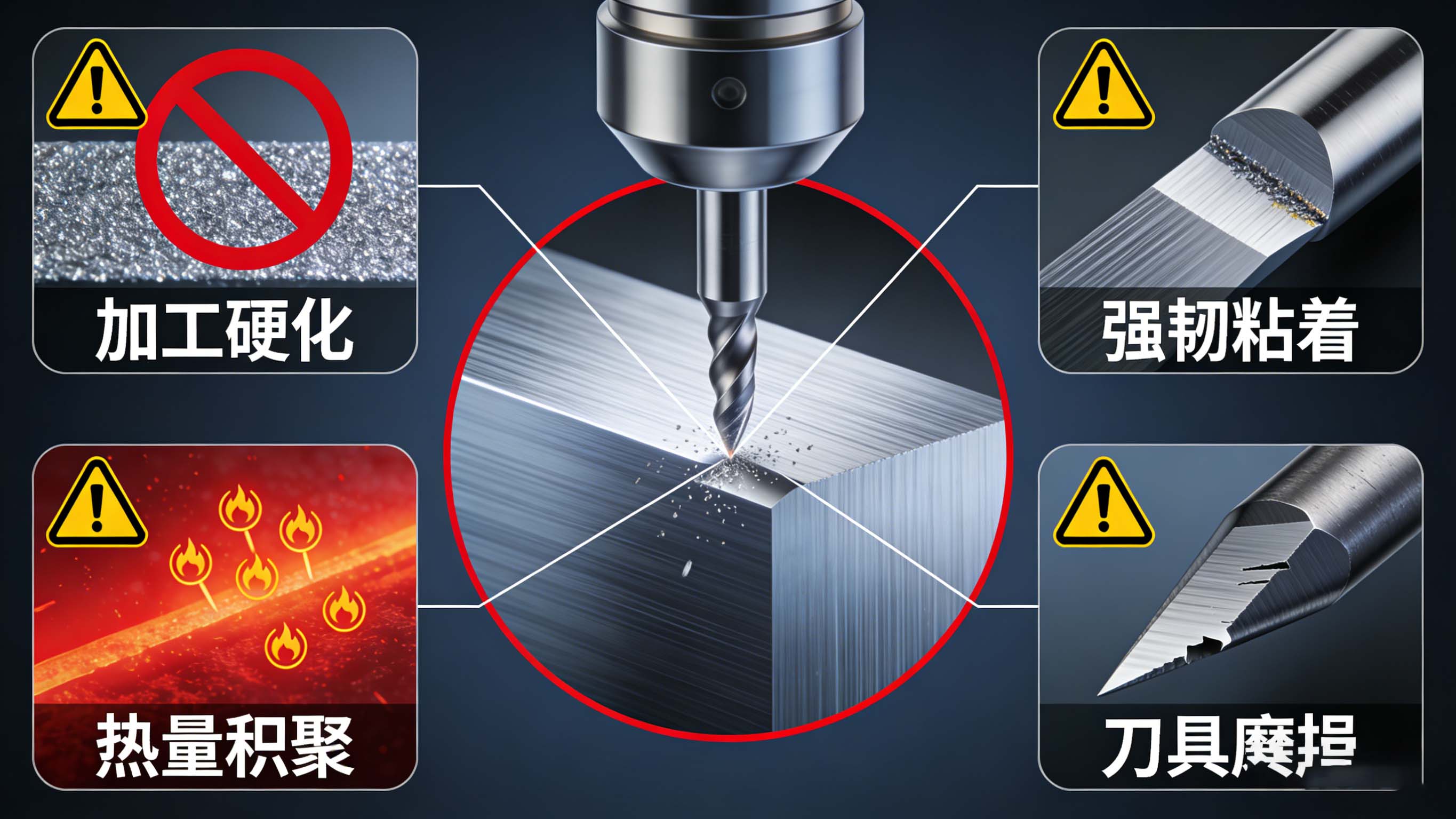 不銹鋼CNC加工的四大核心挑戰：加工硬化、強韌性、熱積聚、刀具磨損示意圖