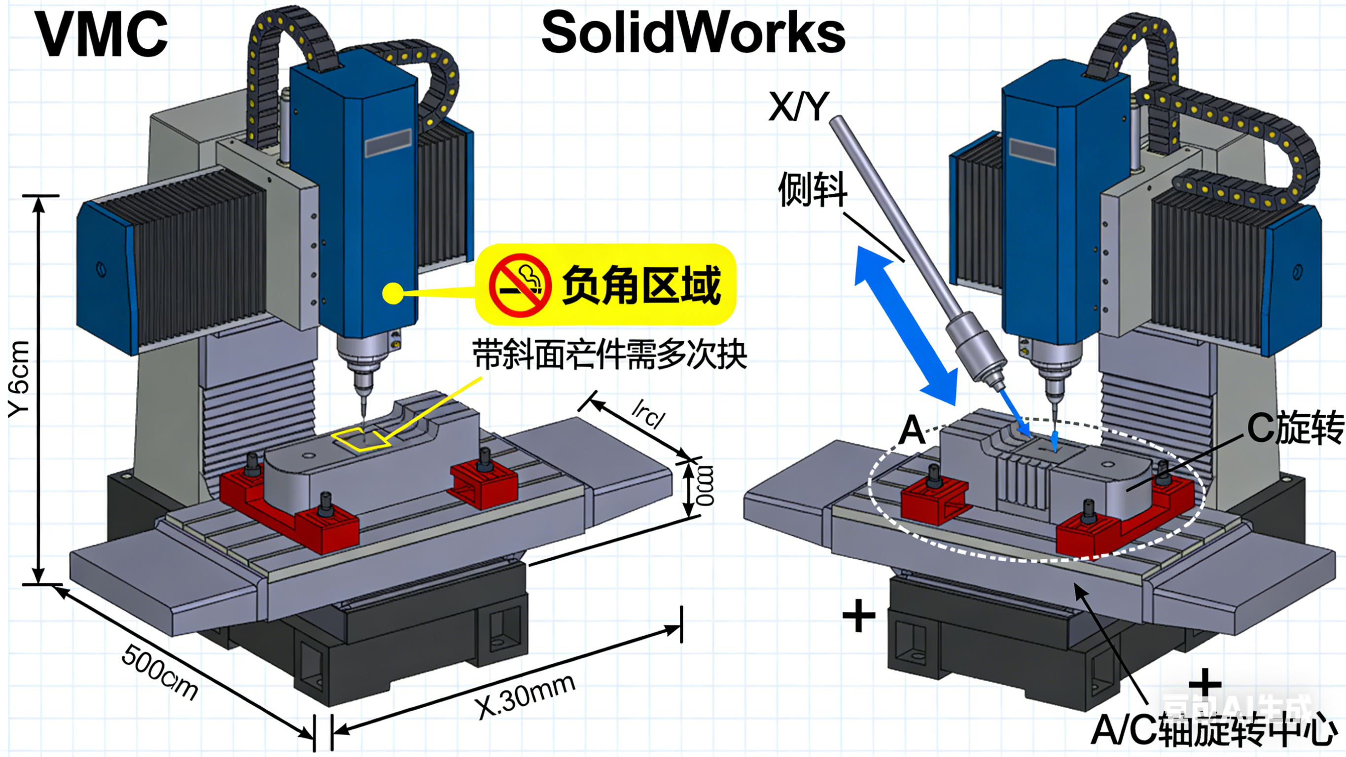 三轴与五轴机床加工斜面零件的能力对比示意图