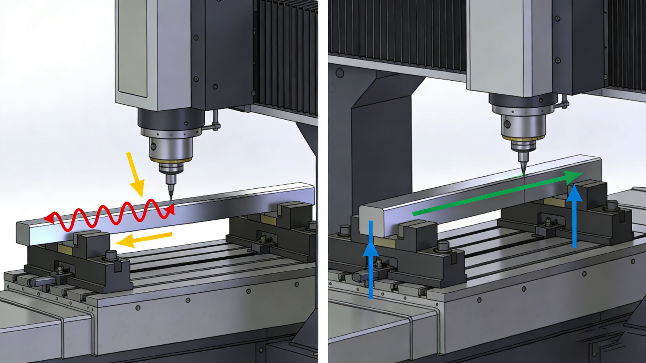 立加與龍門加工長件時的剛性對比示意圖