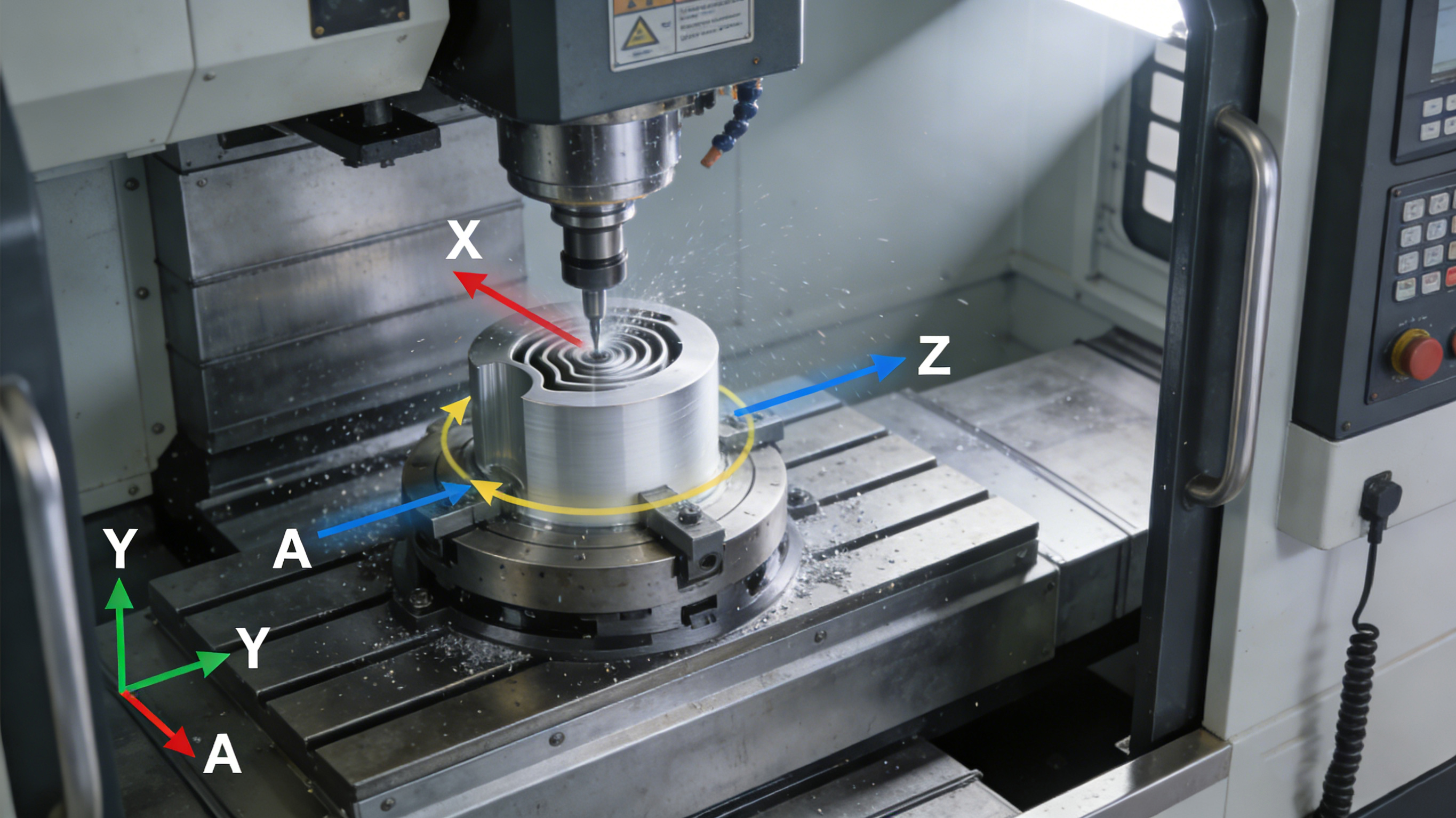 CNC四軸加工中心工作示意圖展示旋轉軸與直線軸協同