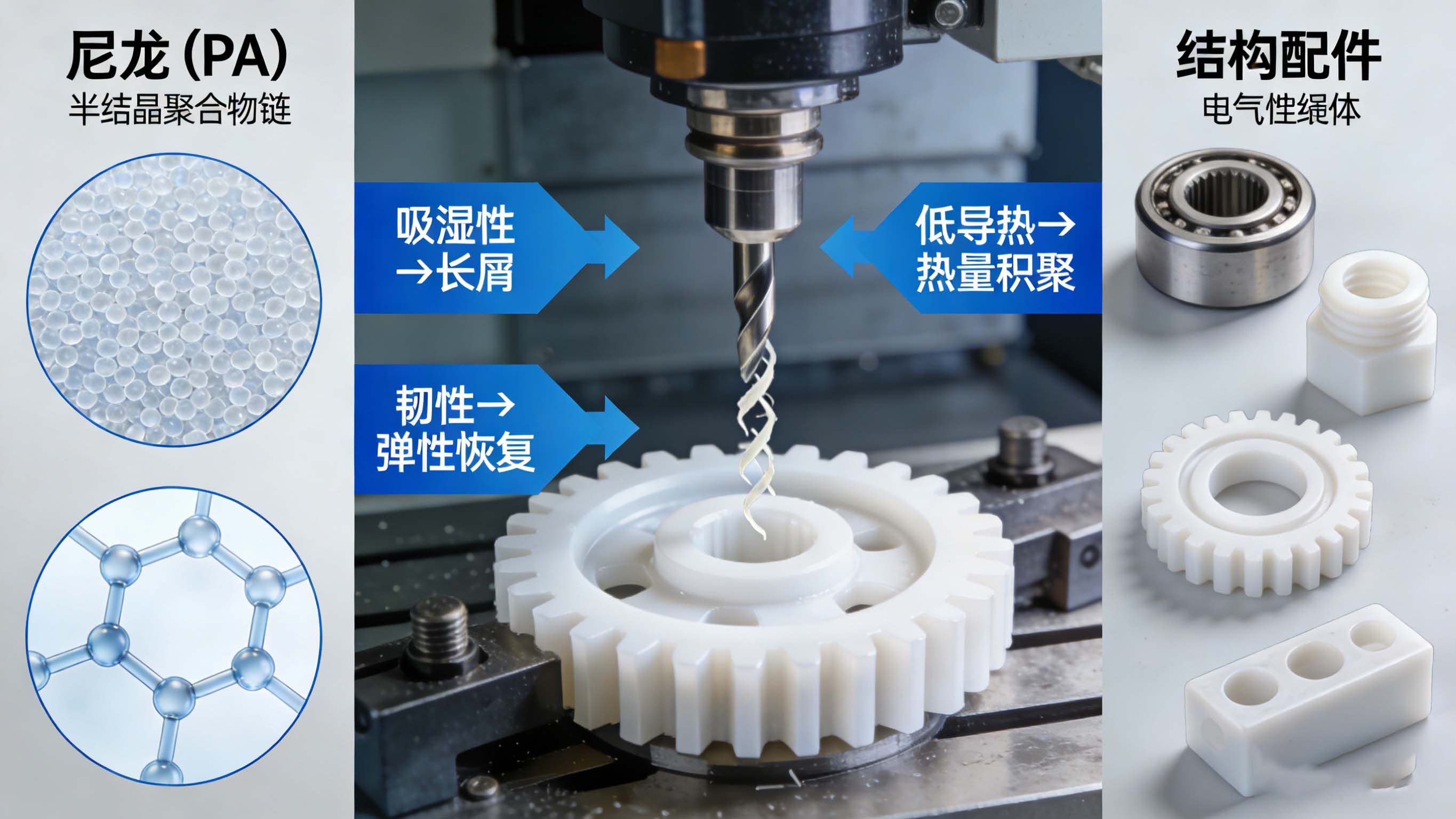 尼龙材料特性与CNC加工挑战关联图