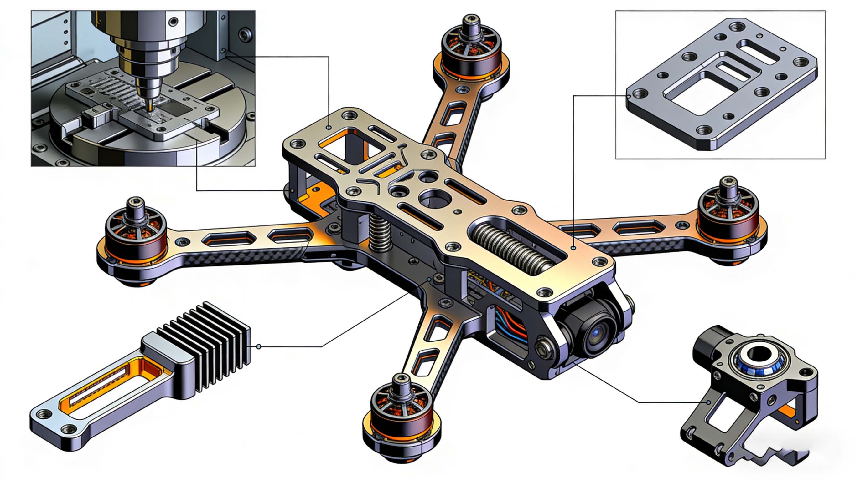 无人机核心CNC加工金属部件分解示意图