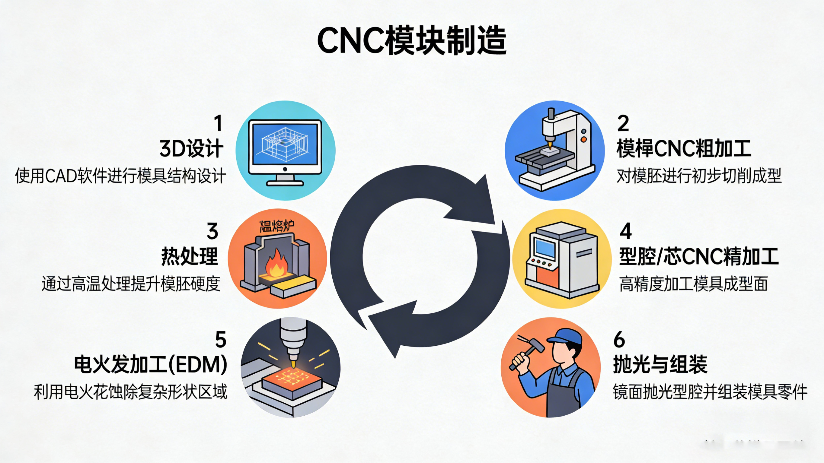 CNC模具制造六大關鍵階段循環流程圖