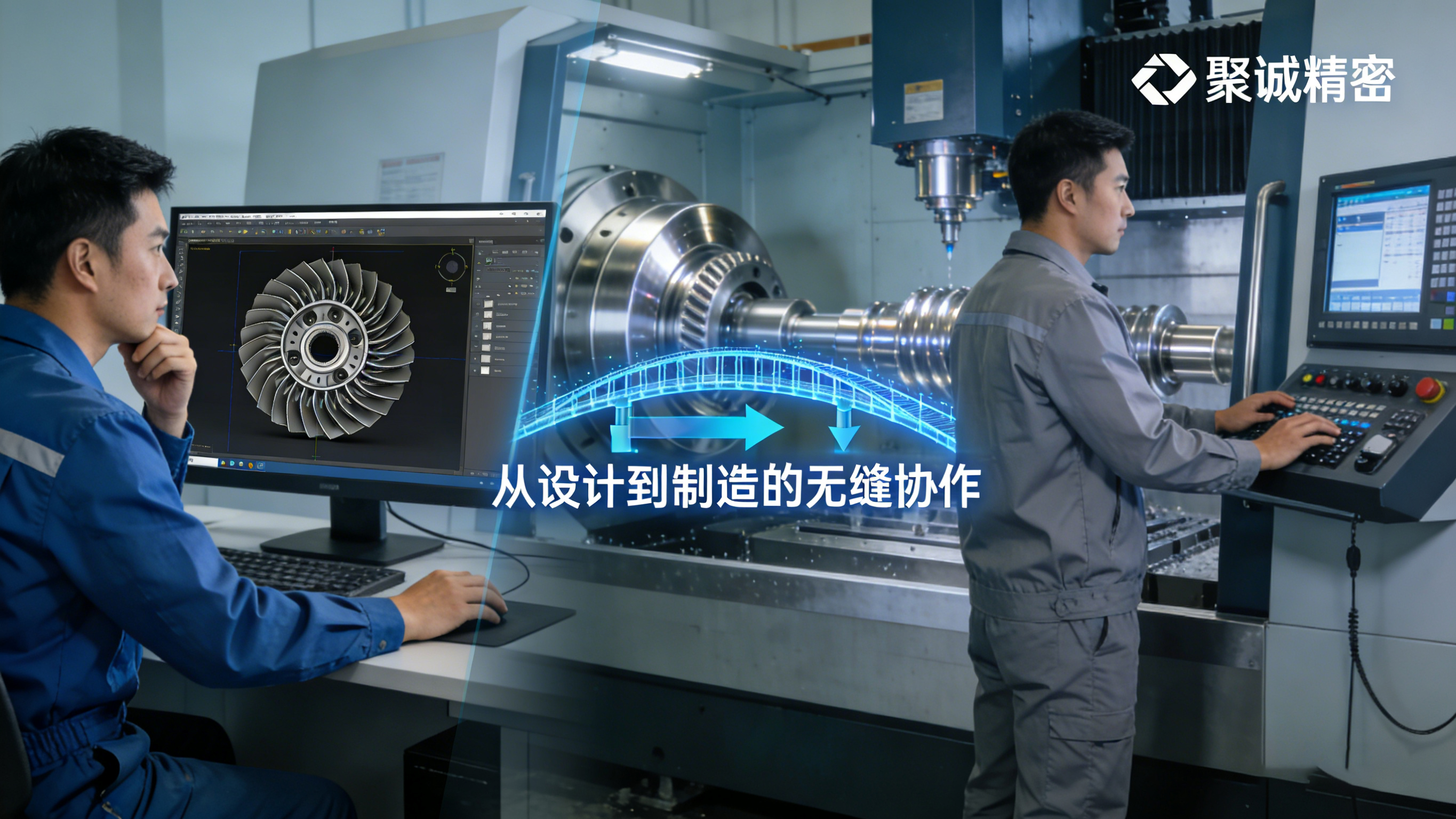 客戶設計與聚誠精密五軸制造無縫協作示意圖