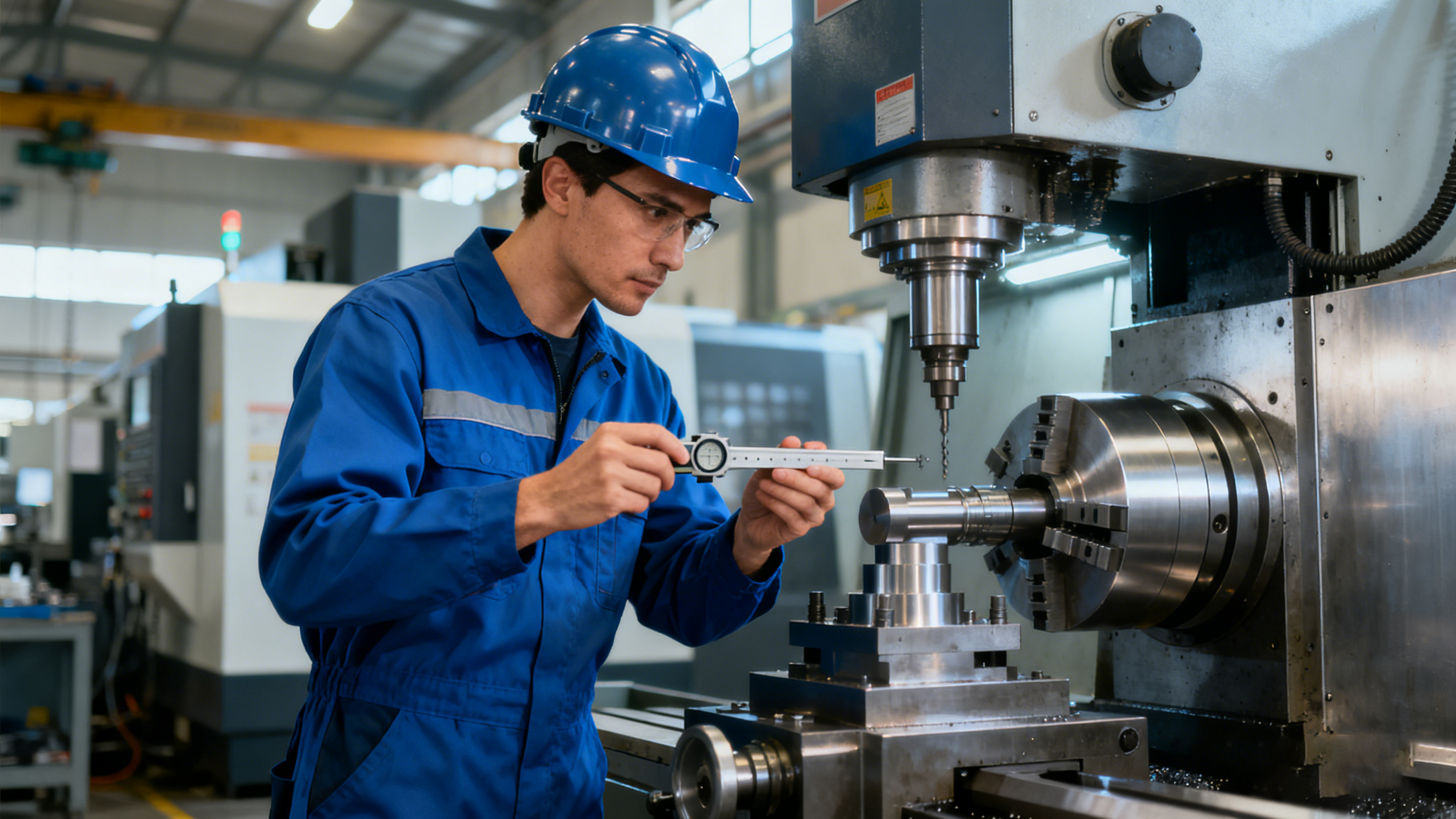 CNC操作工正在檢查加工零件