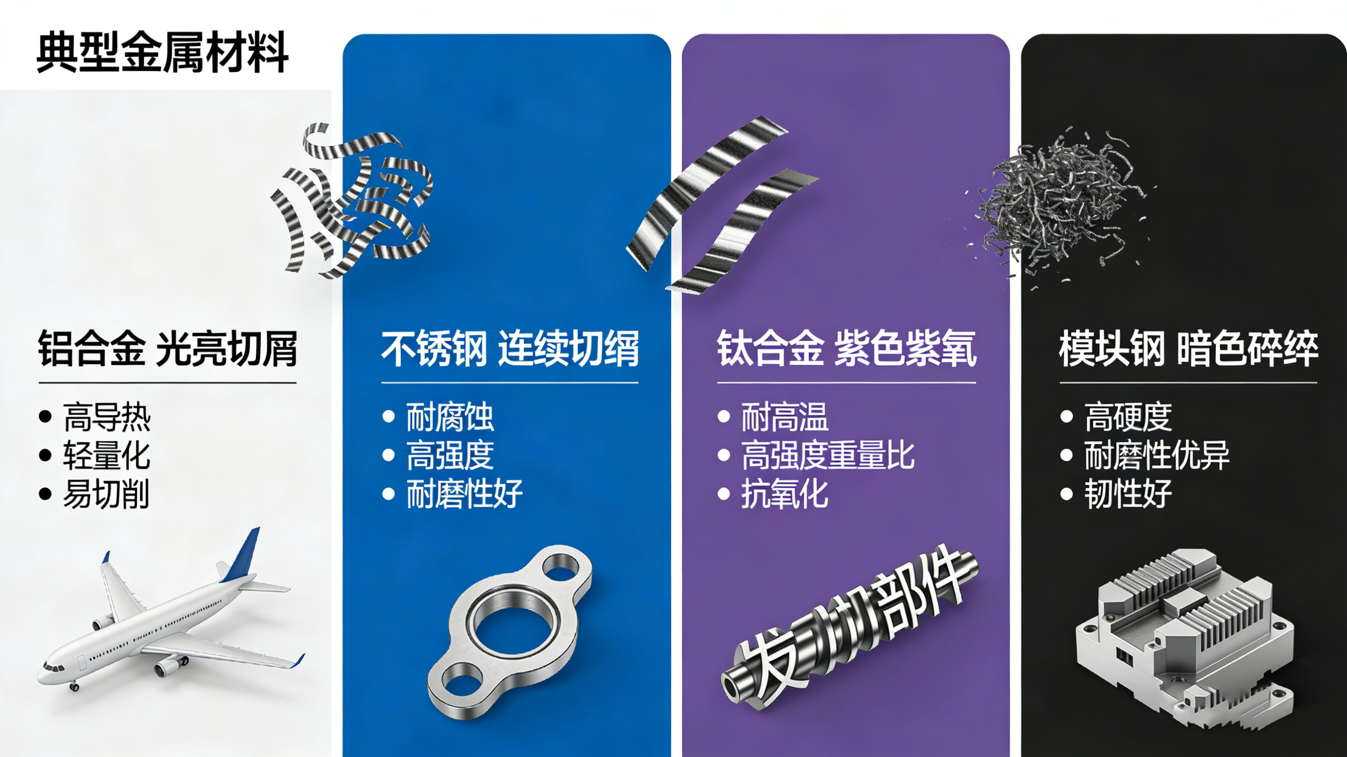 鋁合金、不銹鋼、鈦合金、模具鋼加工特性對比信息圖