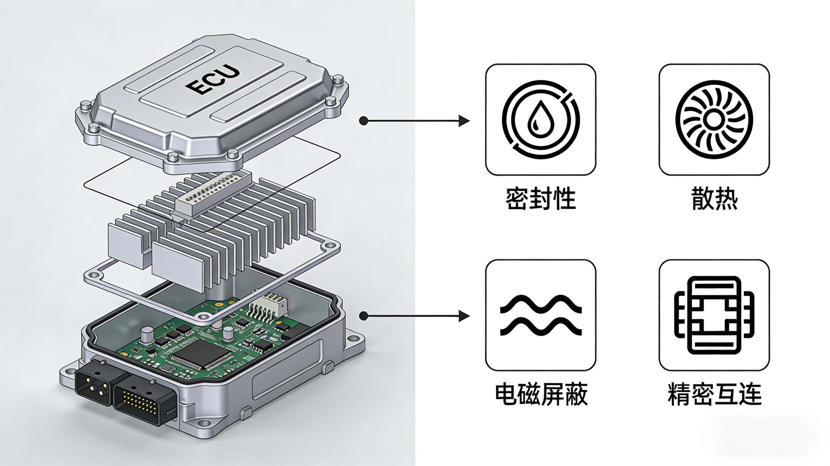 电控壳体核心功能要求与对应制造特征关联图解
