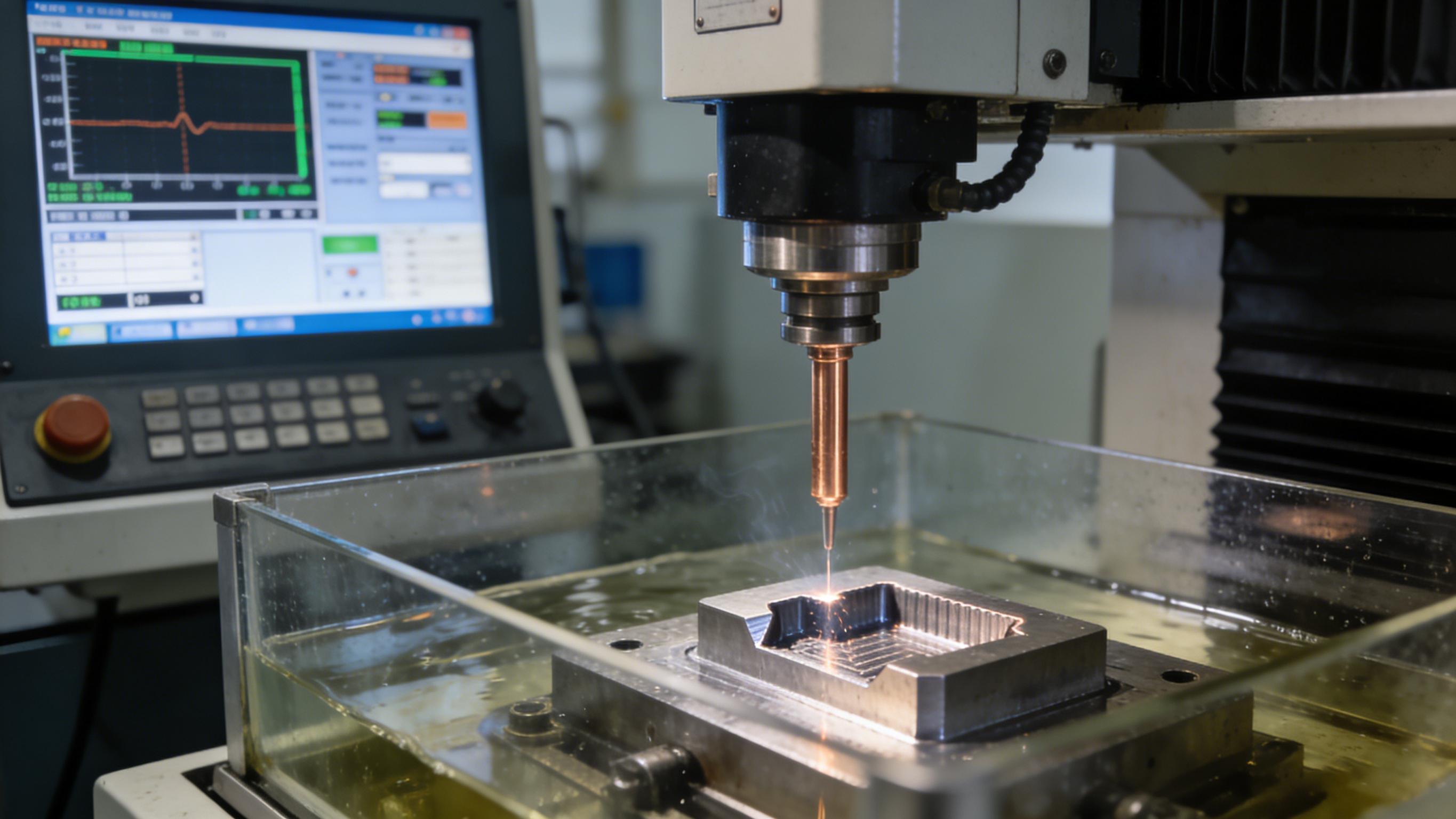 數控電火花機床正在加工精密模具型腔