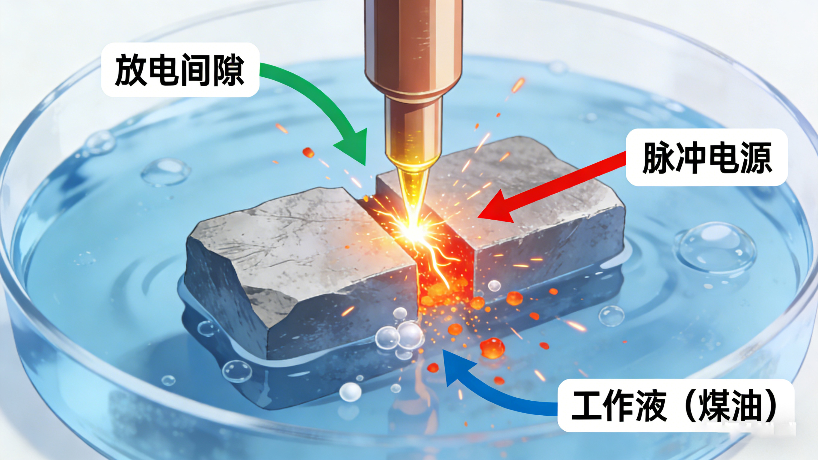 電火花放電腐蝕加工微觀原理示意圖
