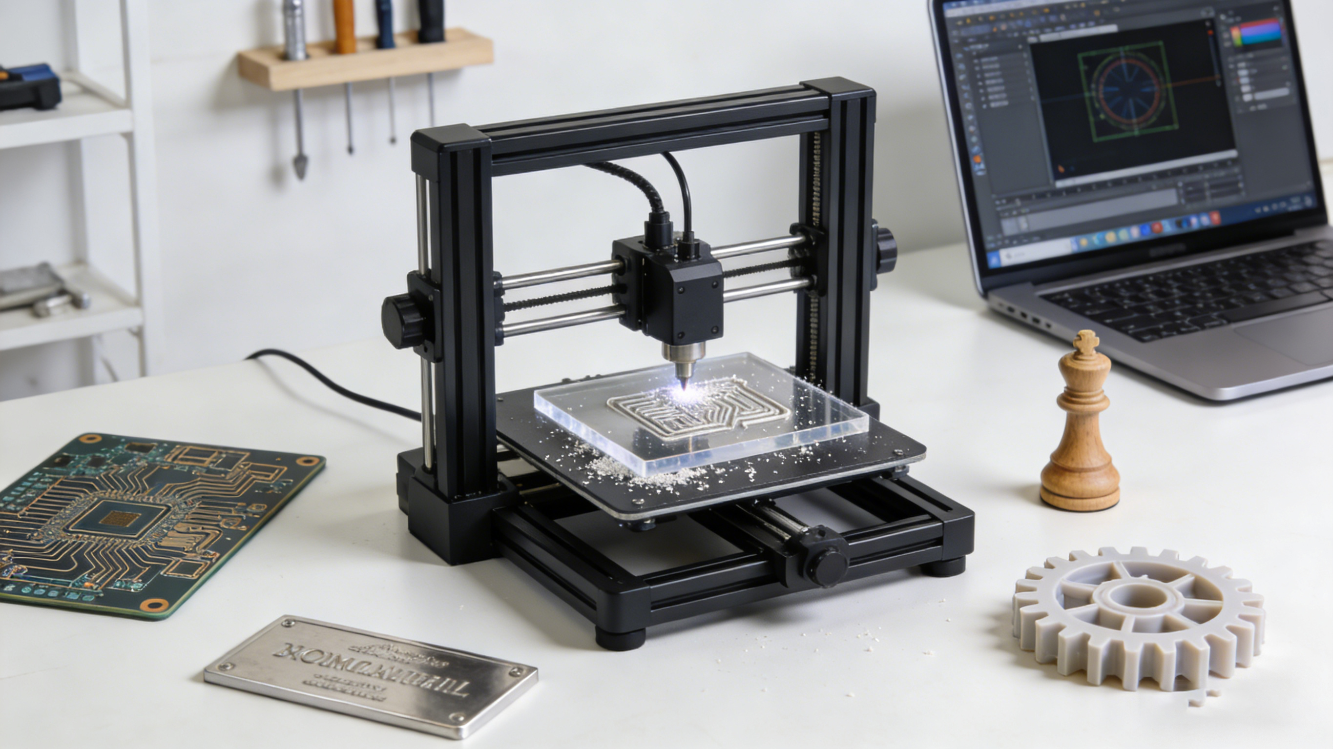桌面CNC机床在工作台上加工多种材料的场景图