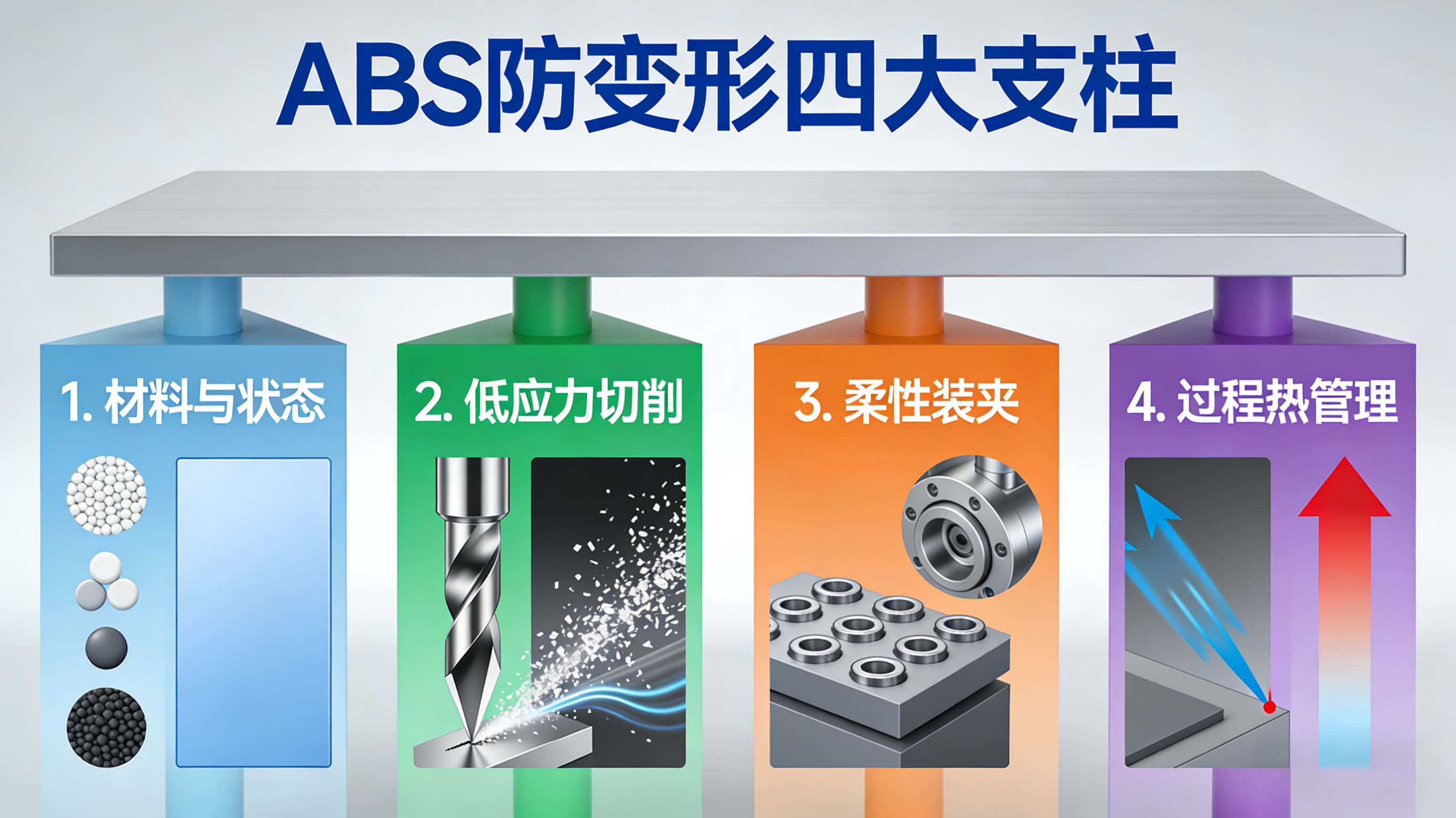 控制ABS加工變形的四大支柱：材料、切削、裝夾、熱管理信息圖