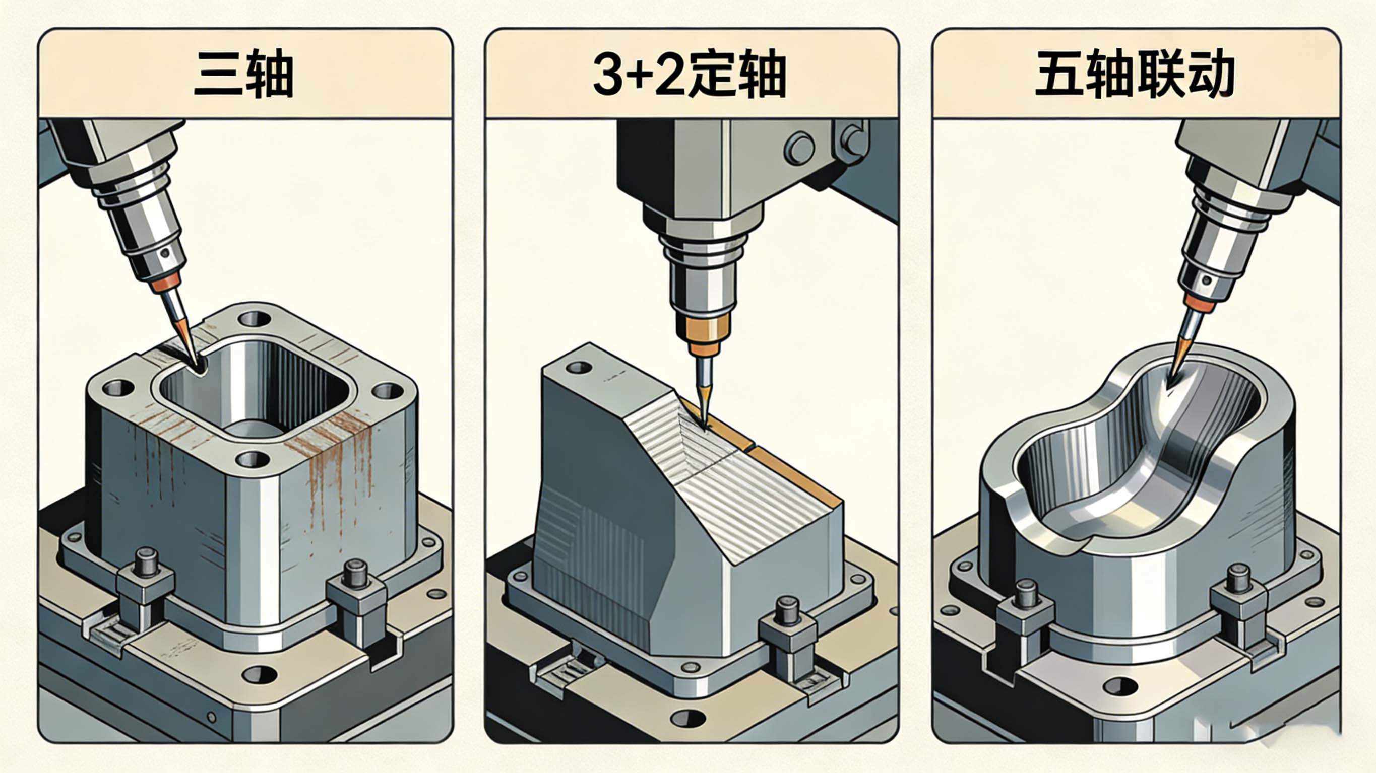 三軸加工、3+2定軸加工與五軸聯動加工原理與效果對比圖