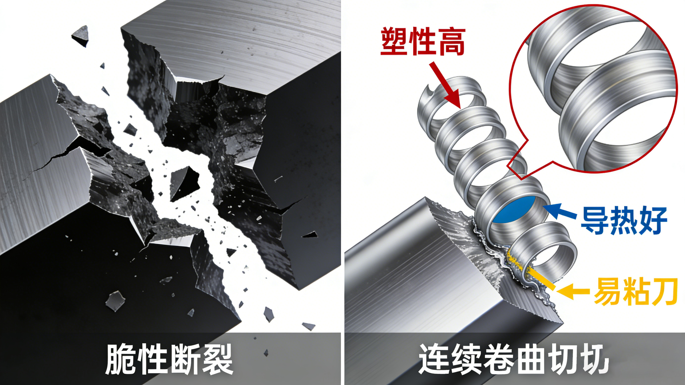鋁合金與其他金屬材料切削過程與切屑形態微觀對比圖