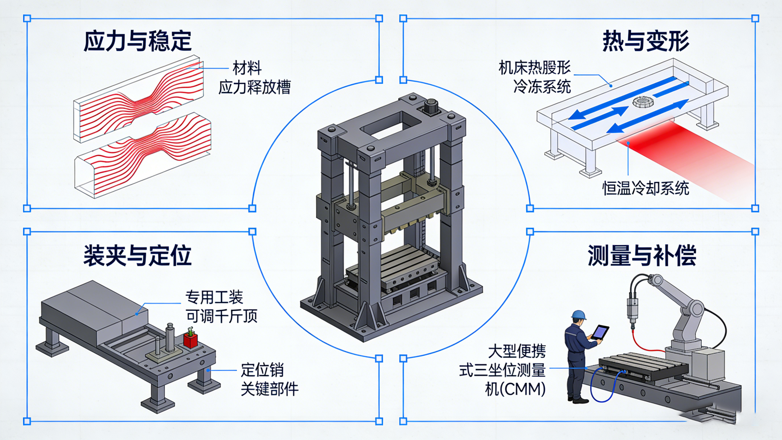 大型CNC加工四大核心挑戰：應力、熱變形、裝夾、測量的示意圖