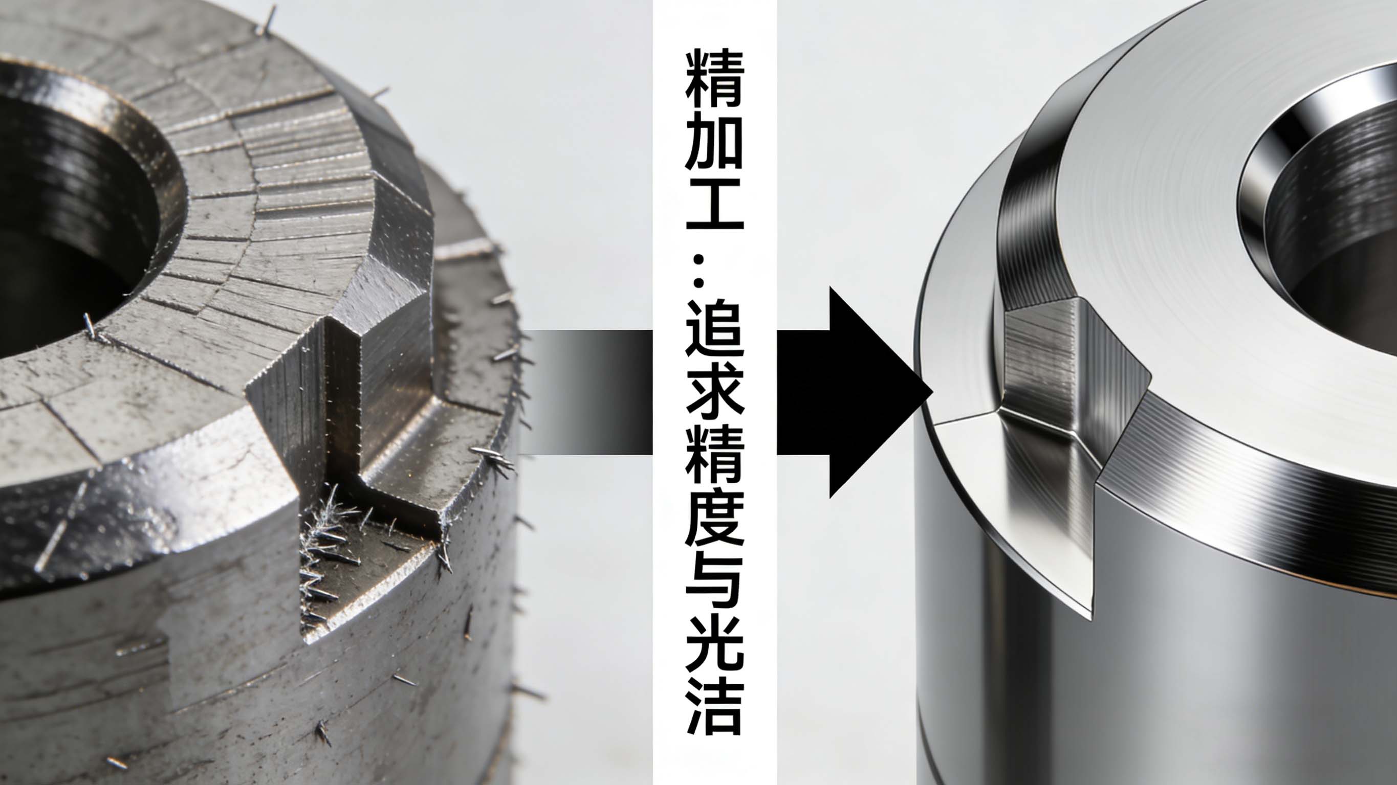 CNC粗加工與精加工后工件表面質(zhì)量與細(xì)節(jié)的強(qiáng)烈對(duì)比圖