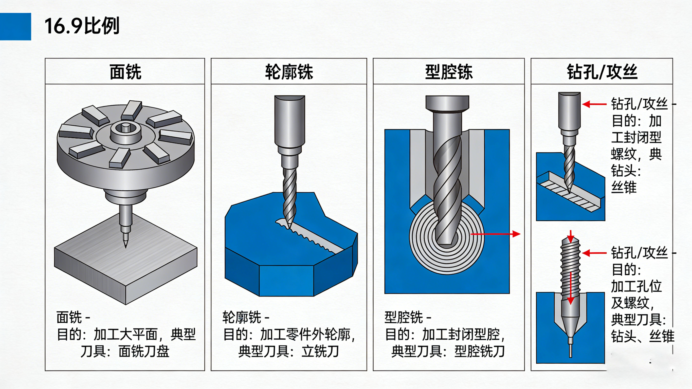 面銑、輪廓銑、型腔銑、鉆孔四種典型銑削工藝對比信息圖
