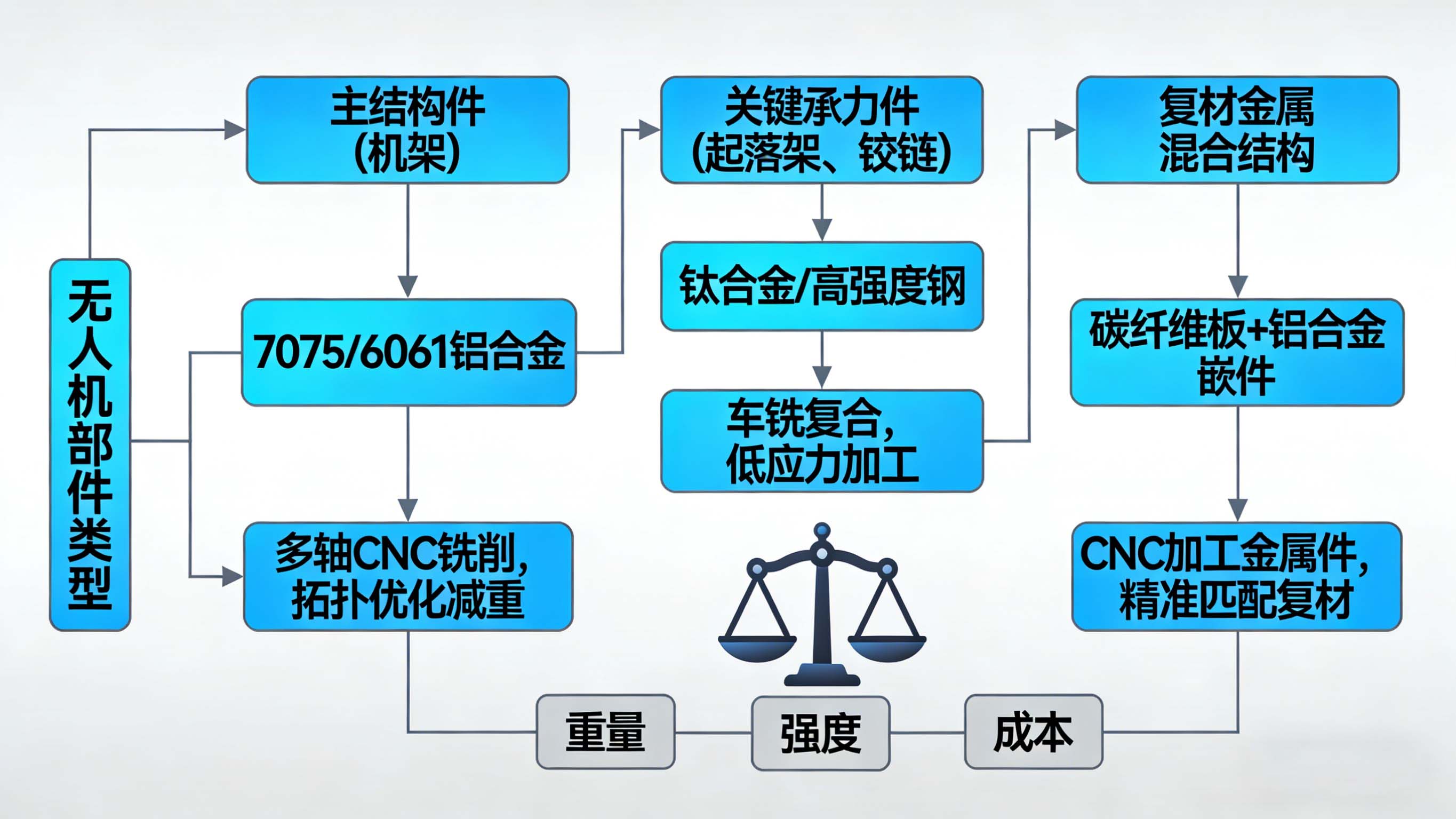 无人机不同部件材料与加工工艺选择决策图
