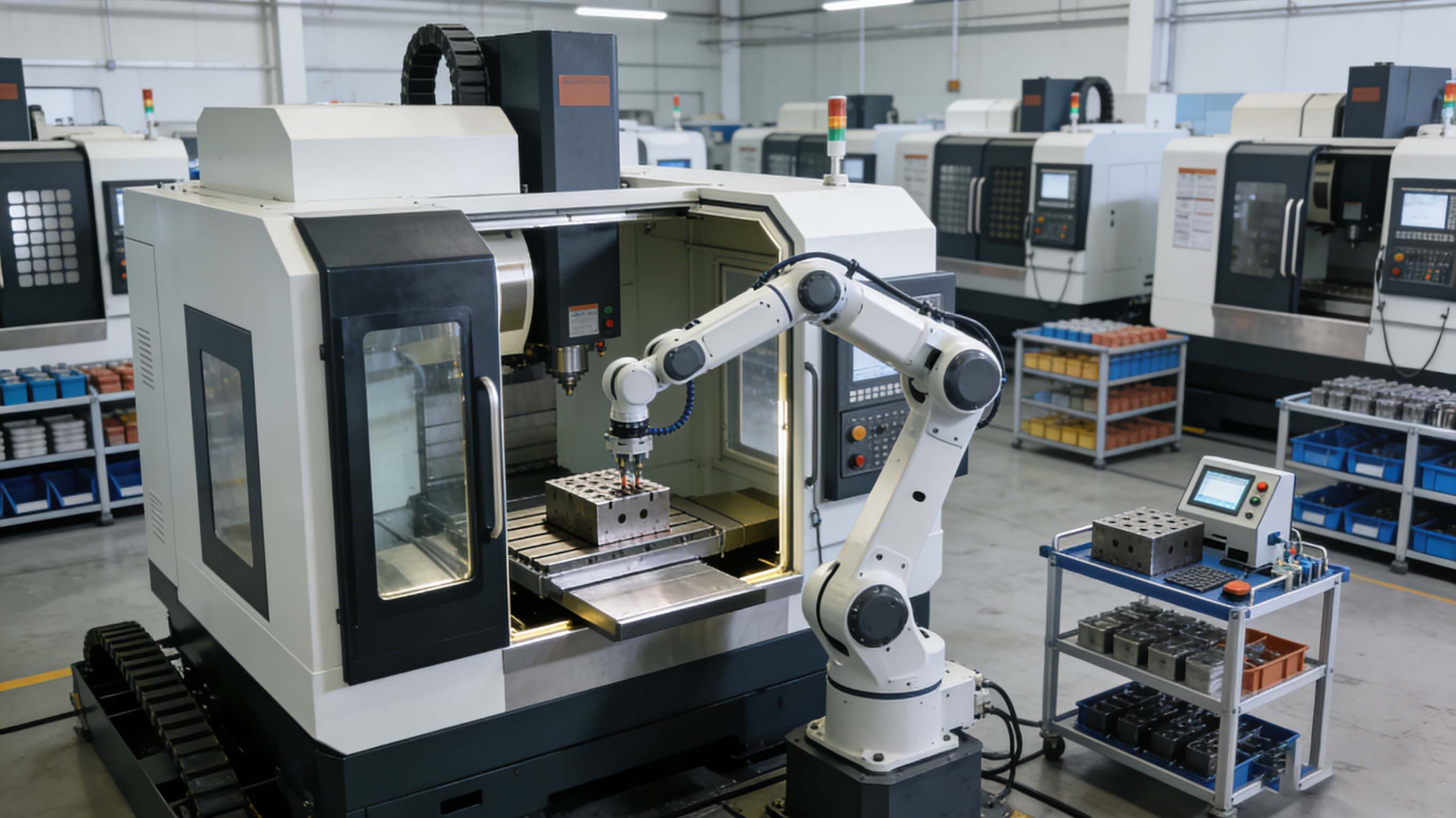 工業機器人在CNC柔性制造單元中負責上下料與轉運的場景圖