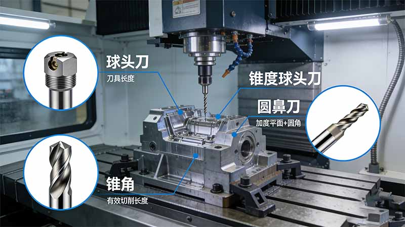 五轴加工常用刀具类型与应用场景示意图