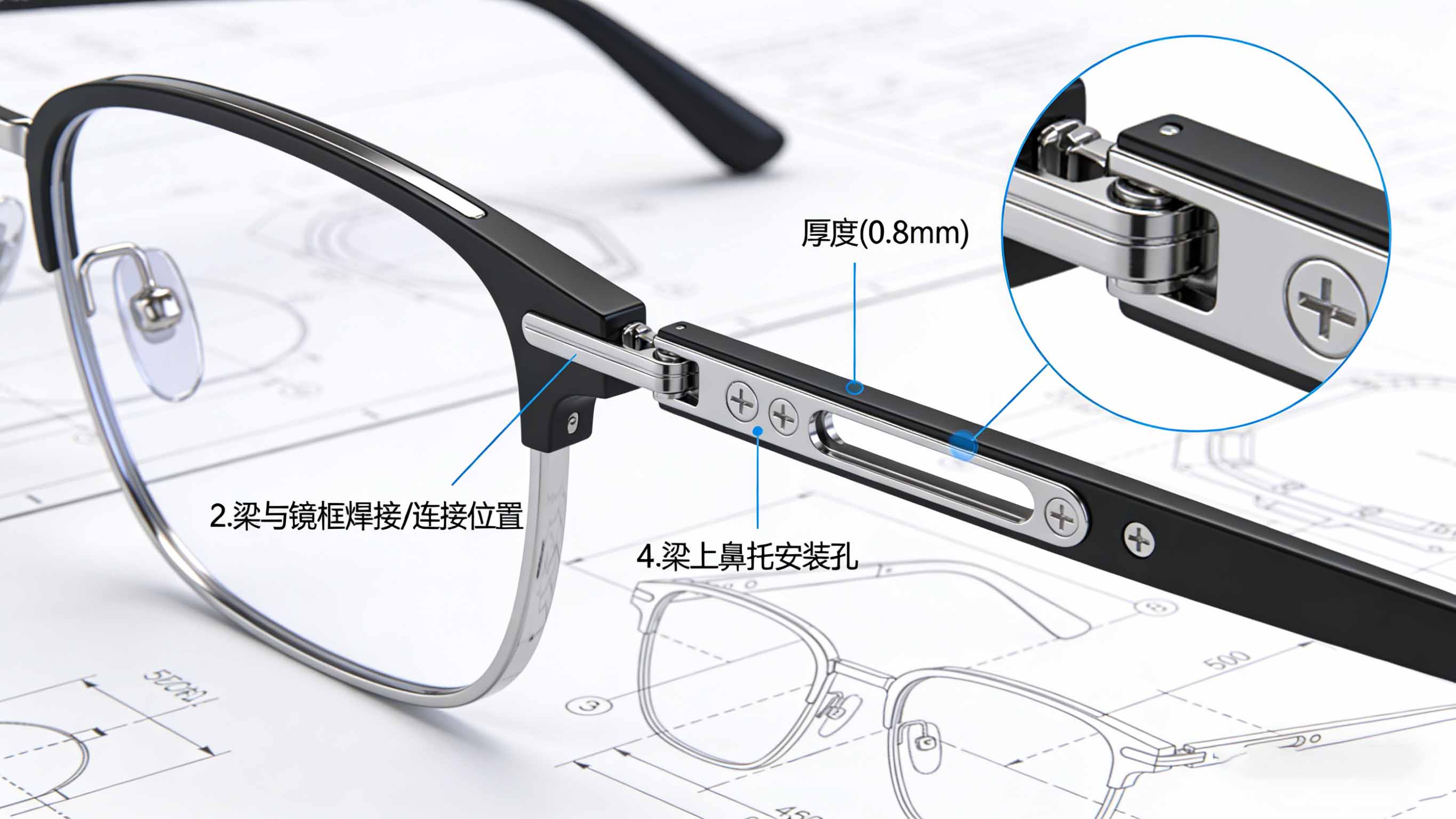 眼镜镜框与中梁结构爆炸图