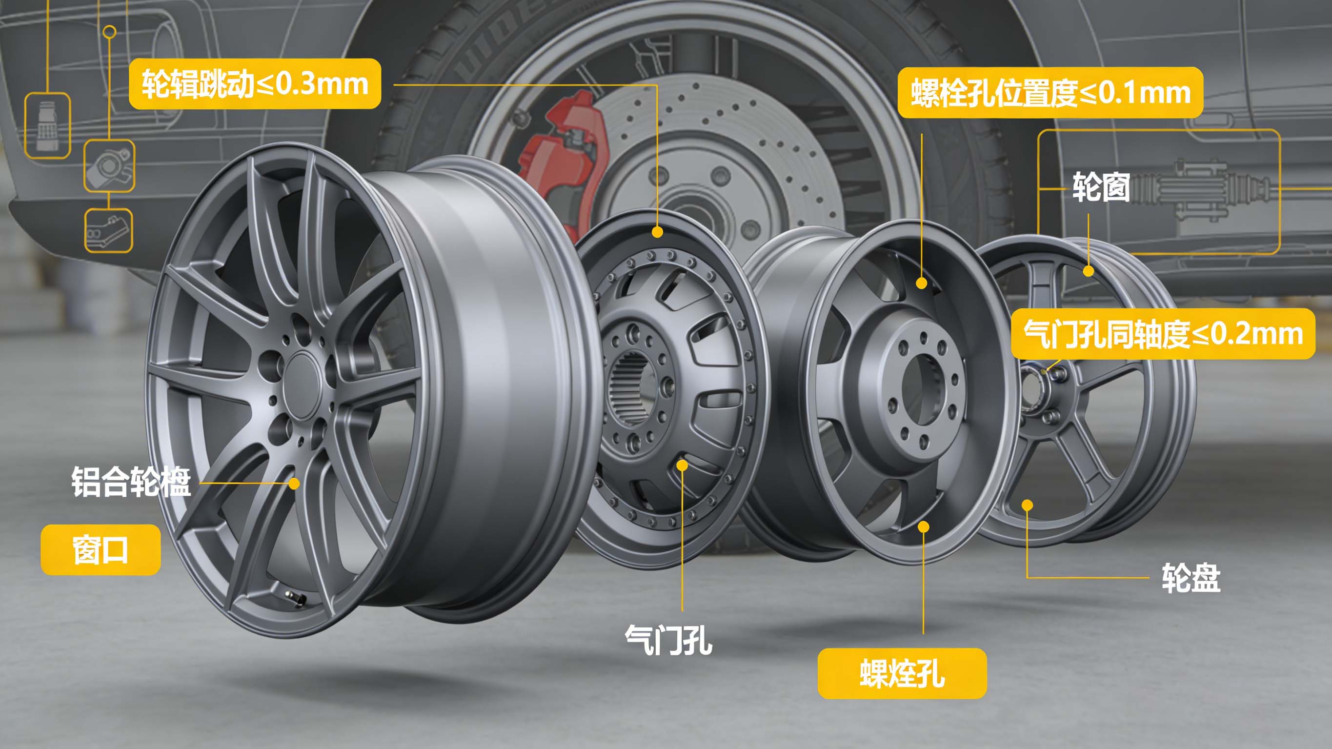 铝合金轮毂结构分解与加工精度要求图示