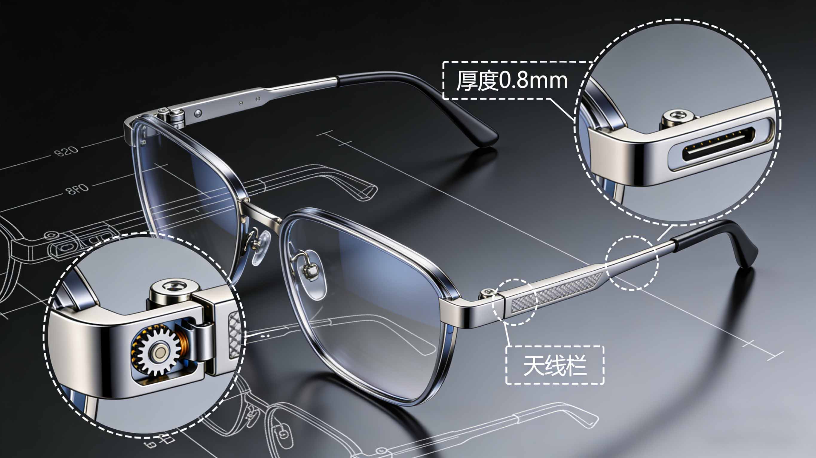 智能眼镜结构爆炸图与微型特征放大展示