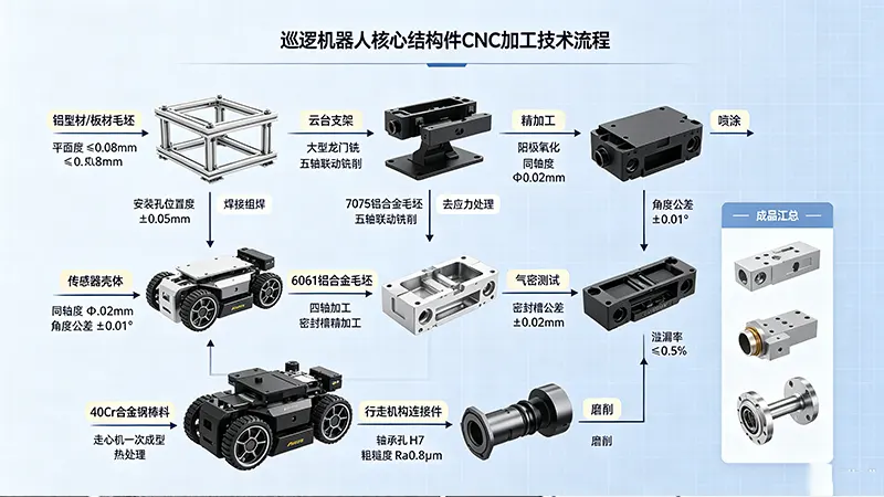 分四条路线展示底盘框架、云台支架、传感器壳体、行走机构连接件的差异化加工路径