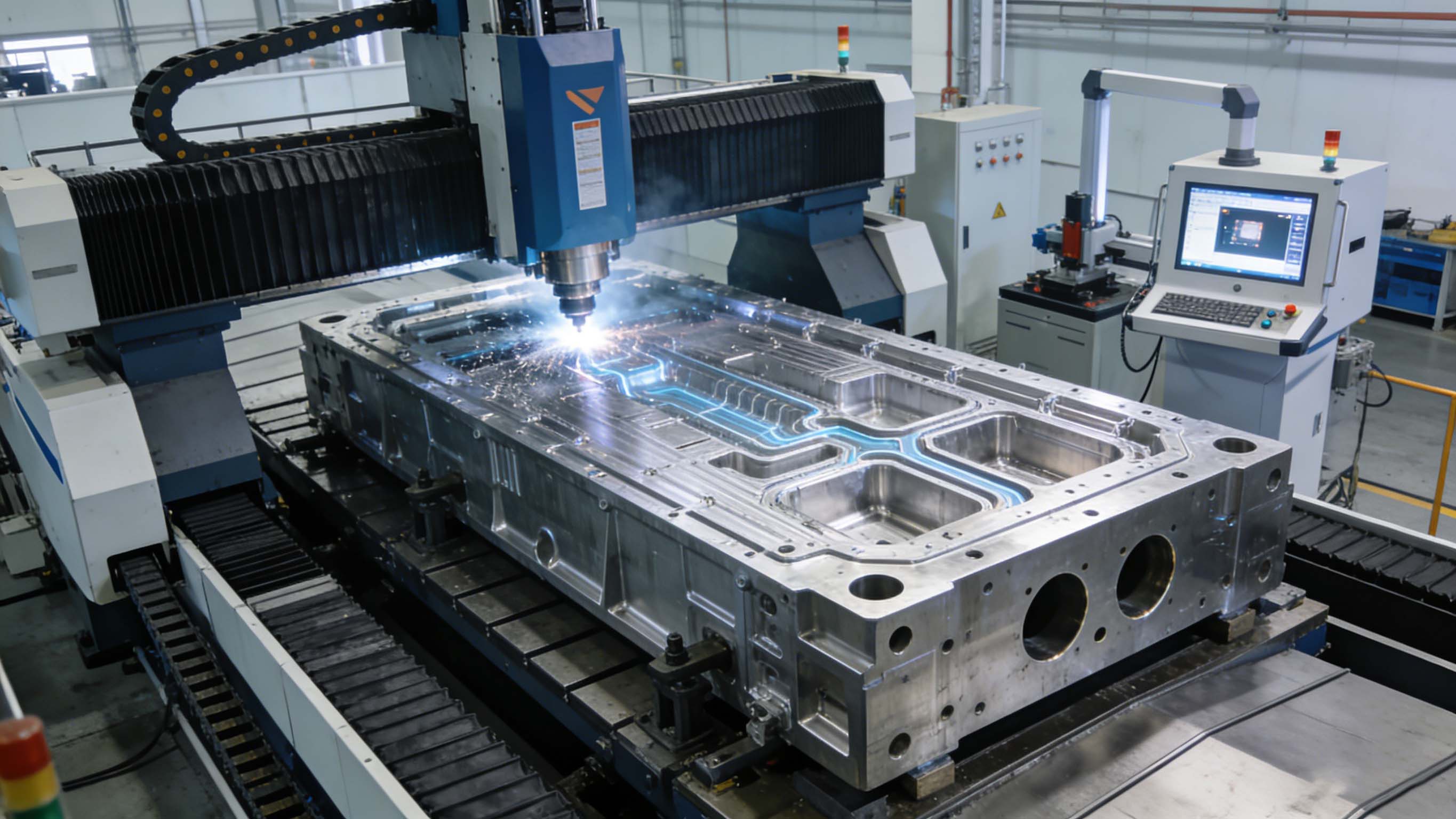 电池Pack箱体大型龙门加工、流道加工与气密性测试场景