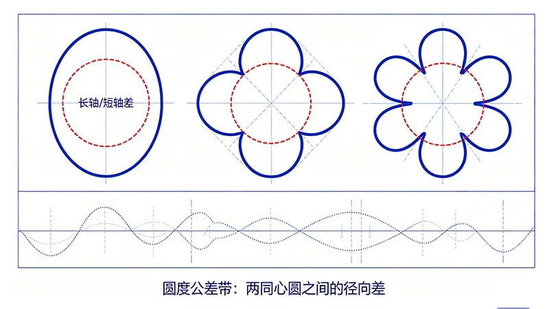 圆度误差类型示意图：椭圆、三叶形、梅花形